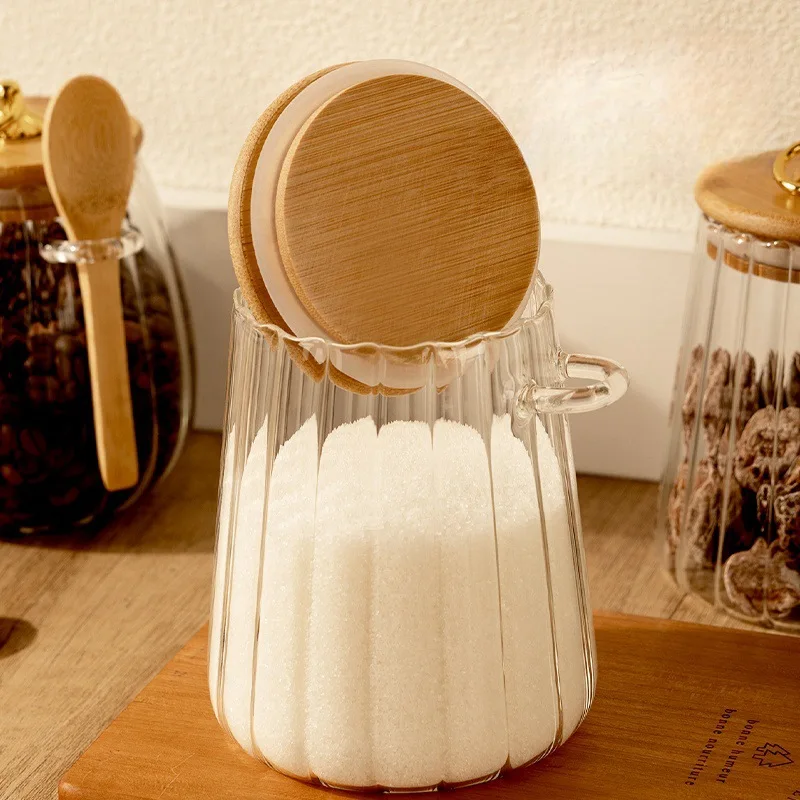 Food Container Kitchen Storage Bottles Glass Airtight Canister Grains Tea Coffee Beans Grains Candy Jars with Wood Lid and Spoon - Image 3
