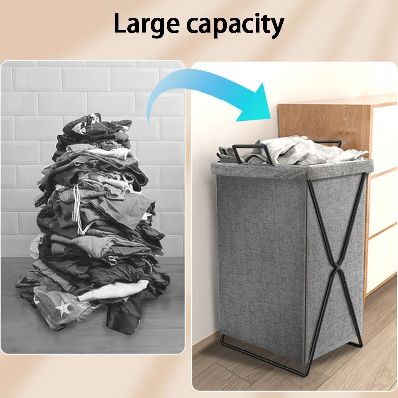 Foldable Fabric Laundry Hamper - Large Capacity Storage Basket with Metal Frame, for Bedroom, Bathroom & Home Organizing (Gray/B - Image 17