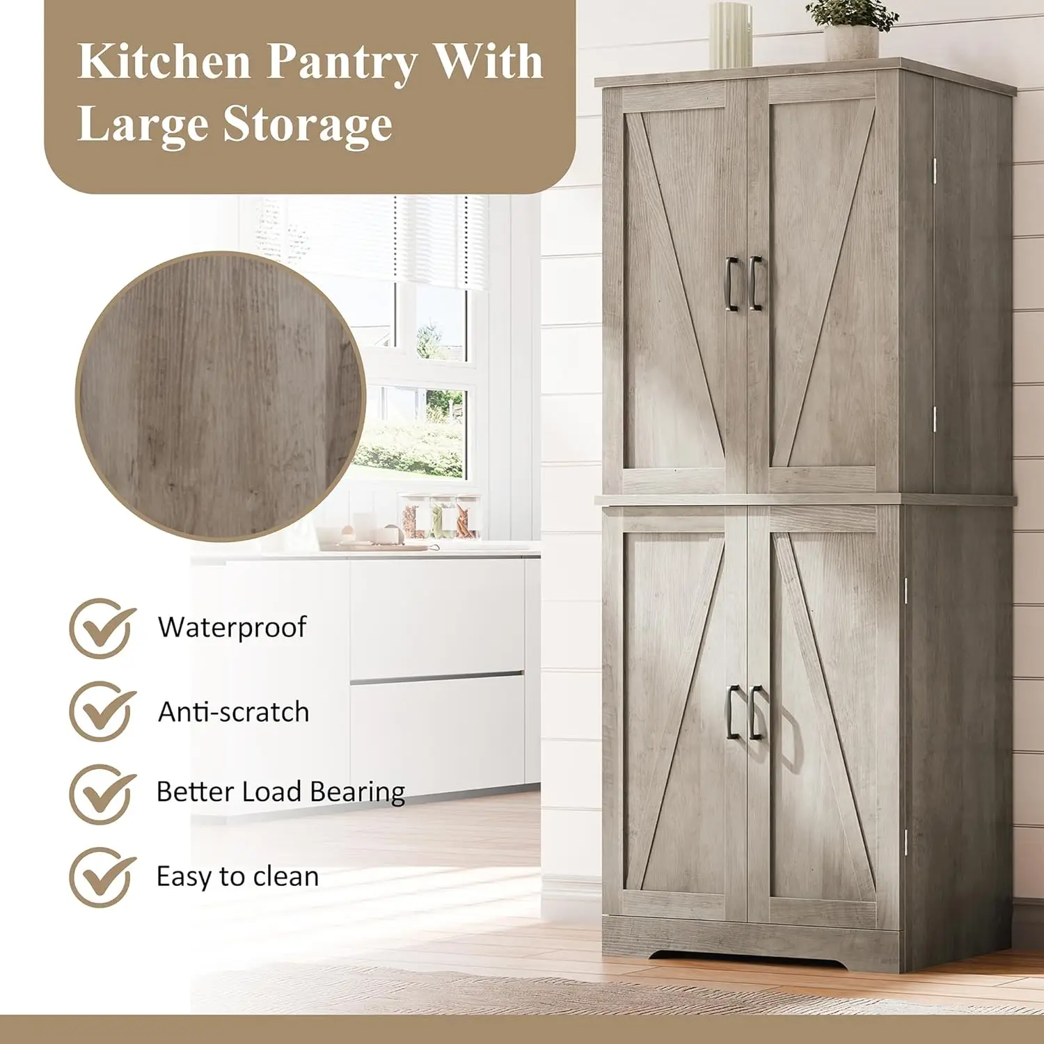 Rustic Pantry Cabinet Barn Door Drawer Adjustable Shelves 6-Tier Wood Cupboard Kitchen Dining Bath, Custom - Image 14