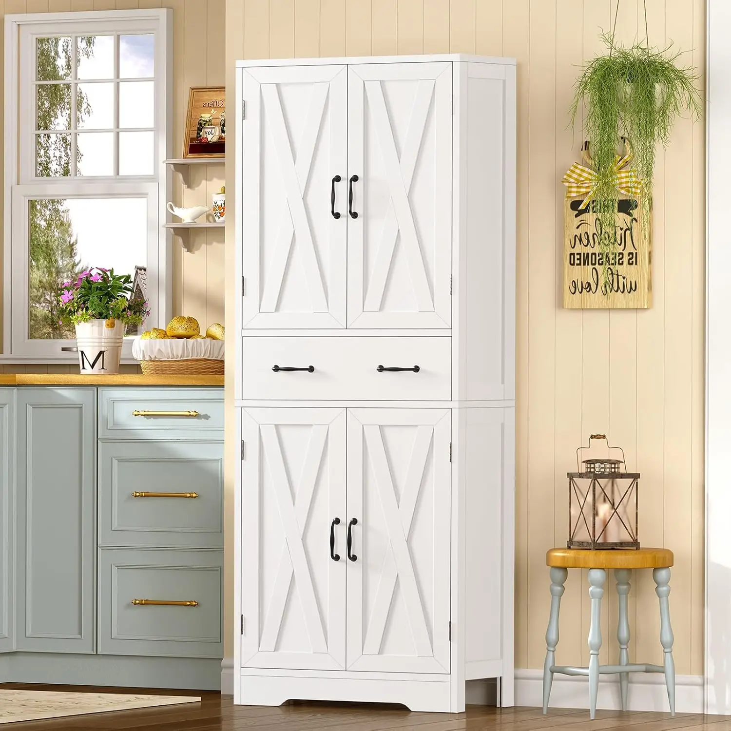 Tall Storage Cabinet with 2 Adjustable Shelves & Drawer 4-Door Pantry Bathroom Living Room Kitchen White Custom - Image 8
