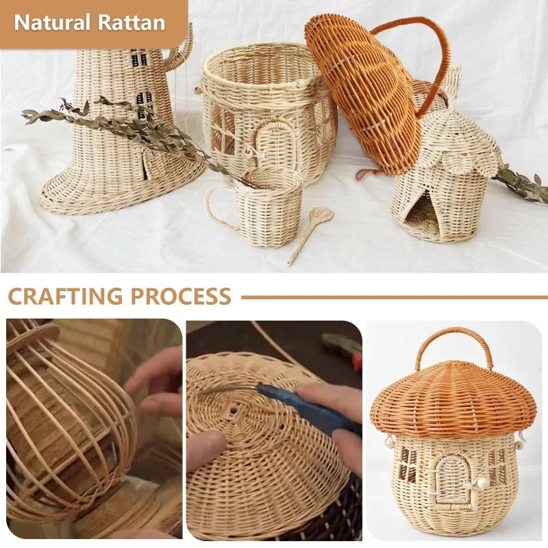 Rattan Mushroom Storage Basket Cute Cartoon Handwoven Nut Wicker Handbag Outdoor Picnic Women Tote Straw Bag Children Organizer - Image 3