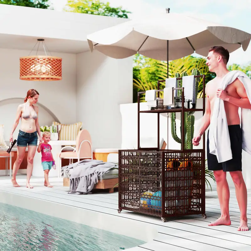 Wicker Pool Float Storage Organizer, PE Rattan Pool Float Holder with Basket Shelf Towel Bars, Rolling Pool Caddy for Floaties, Noodles, Life Vests, Beach Balls, Brown - Image 2