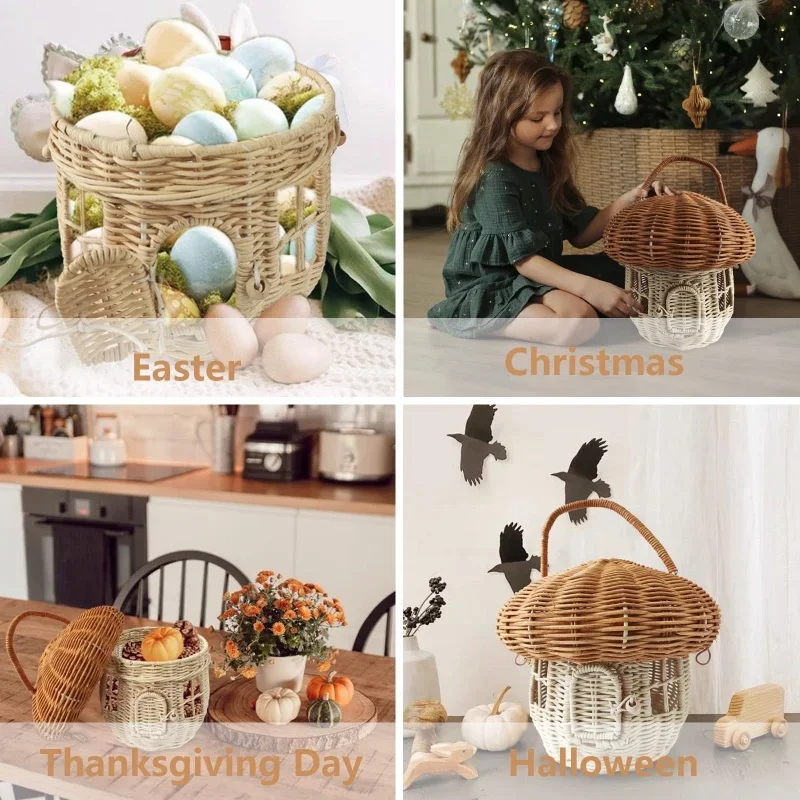 Rattan Mushroom Storage Basket Cute Cartoon Handwoven Nut Wicker Handbag Outdoor Picnic Women Tote Straw Bag Children Organizer - Image 4