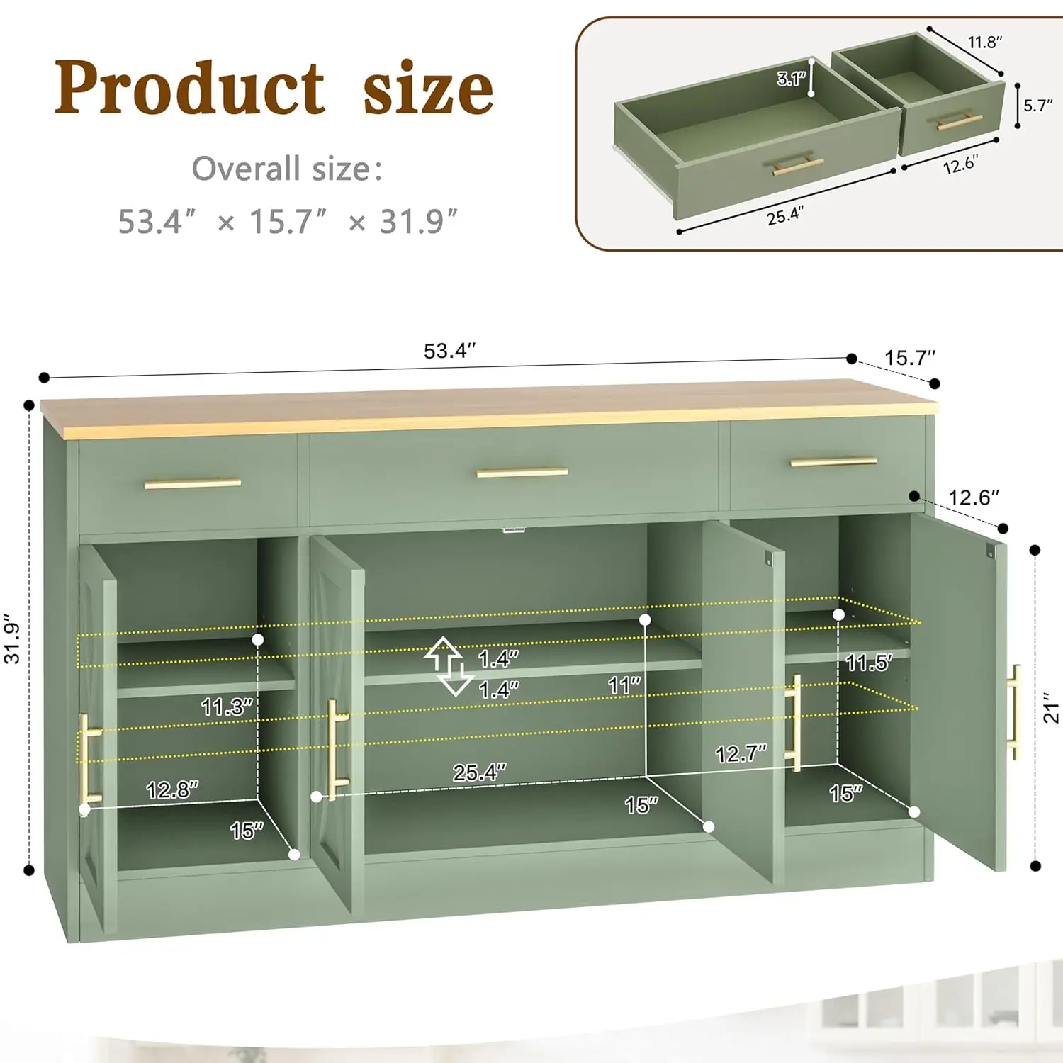 53" Large Buffet Cabinet Storage Sideboard Adjustable Shelves Drawers Kitchen Dining Room Custom - Image 11