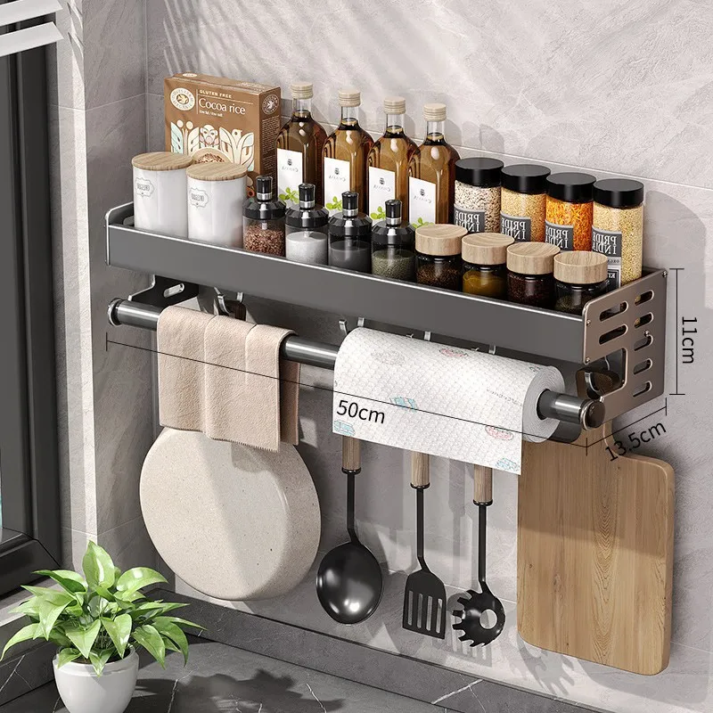 Wall Mount Utensil Holder Multifunctional Spice Organizer Shelf with Hooks Kitchen Hanging Storage Wall Shelf - Image 8