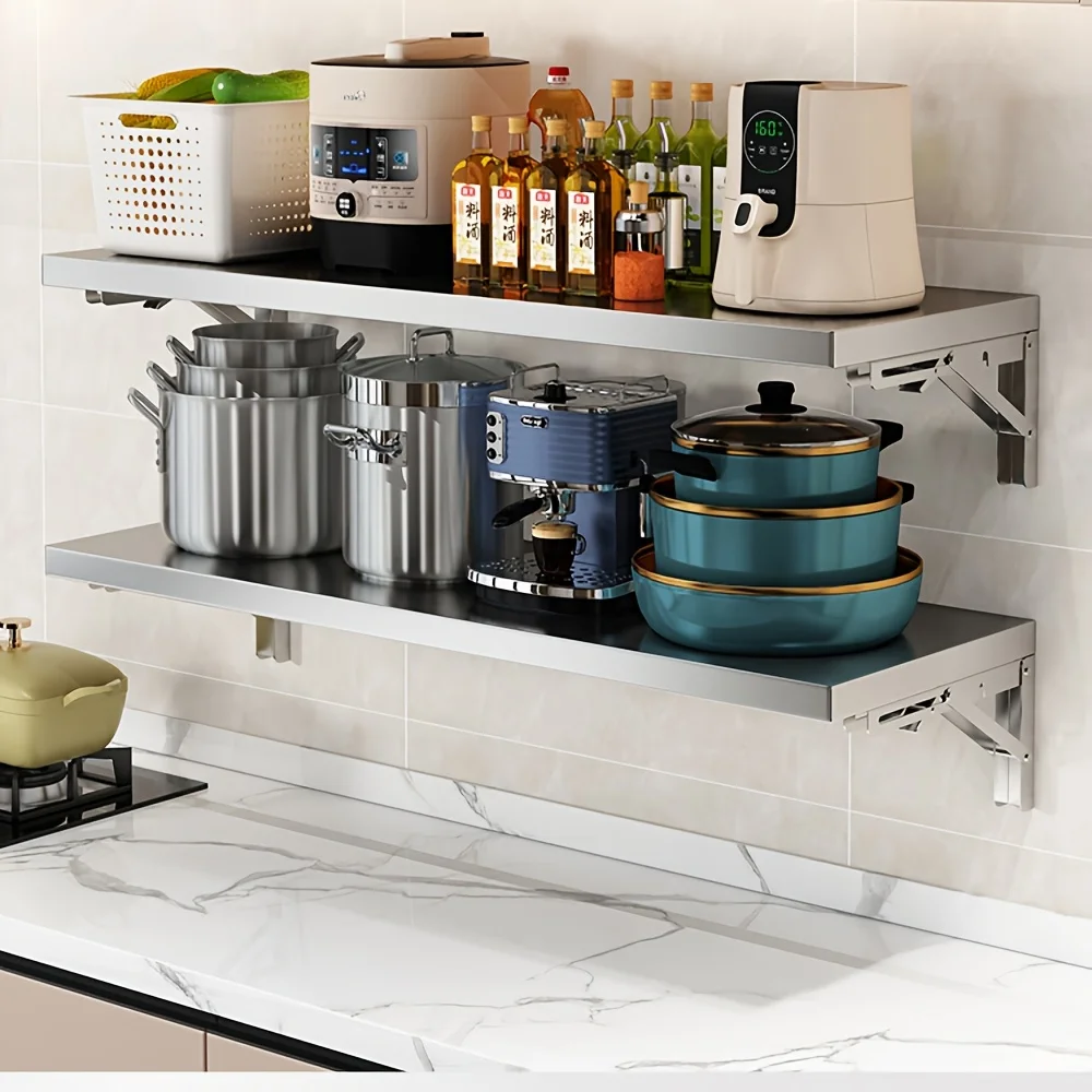 Stainless Steel Wall-Mounted Shelf - Foldable Space-Saving Design, Rust-Resistant & Easy To Clean, 4-Tier Kitchen Storage Rack - Image 4