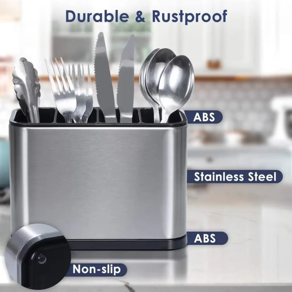 Large Capacity Kitchen Utensil Holder Stainless Steel with Removable Divider Kitchen Cutlery Organizer Sturdy Drip Tray Base - Image 9