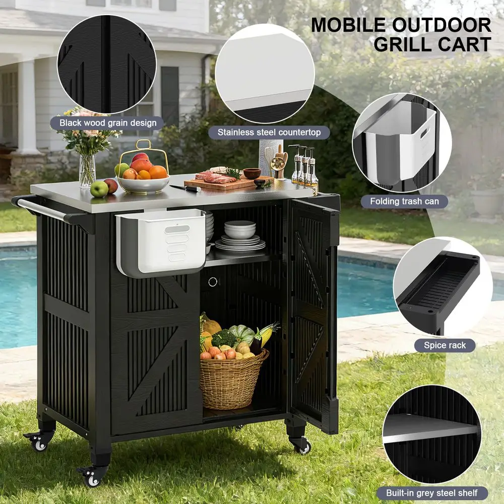 Kitchen Island with Storage Cabinet, Movable Grill Cart with Stainless Steel Countertop, 4 Swivel Wheels, PP Material Rolling B - Image 9