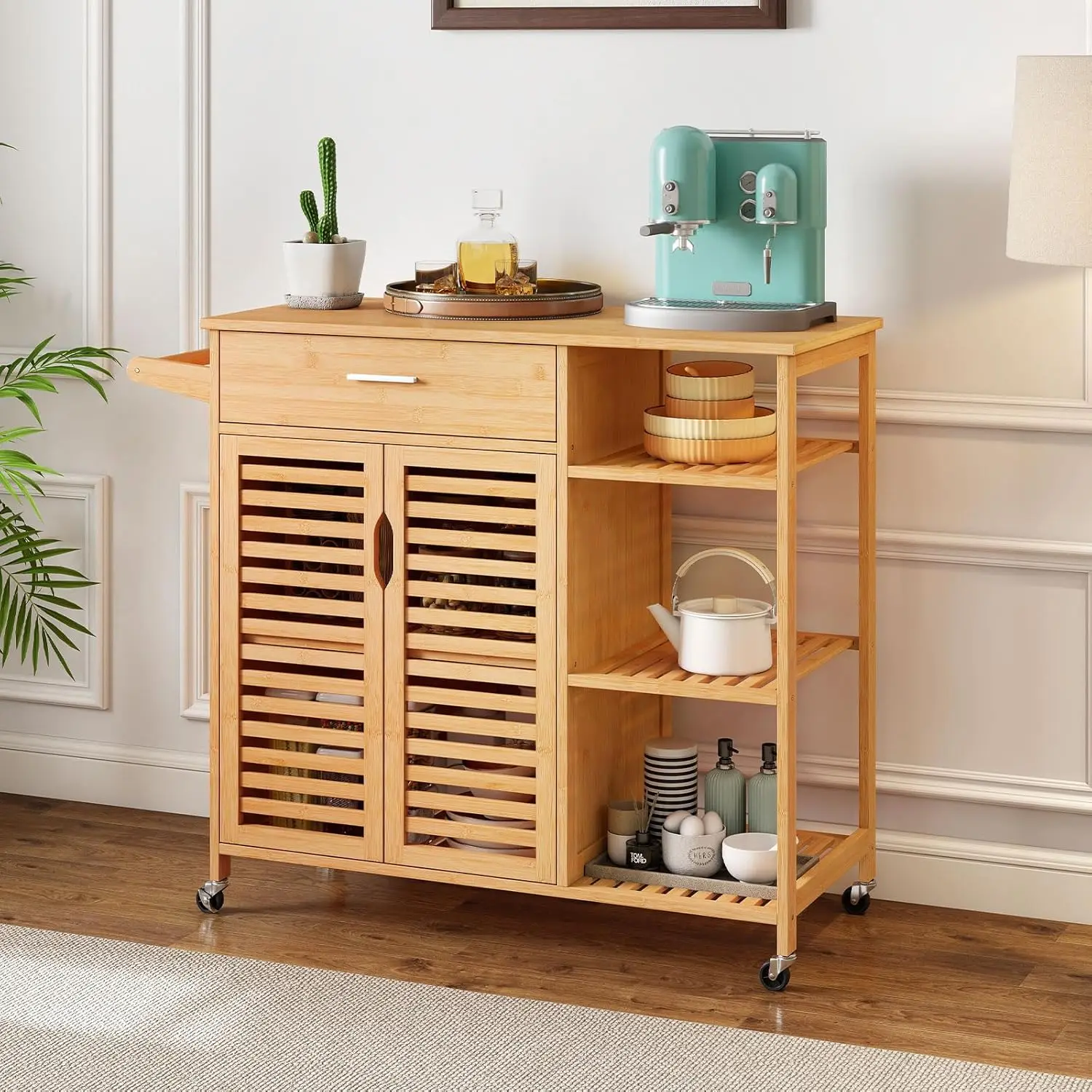 Bamboo Kitchen Island Cart Rolling Butcher Block Drawer Cabinet 3-Tier Shelves Towel Rack Wheels Storage Dining Room, Custom - Image 2