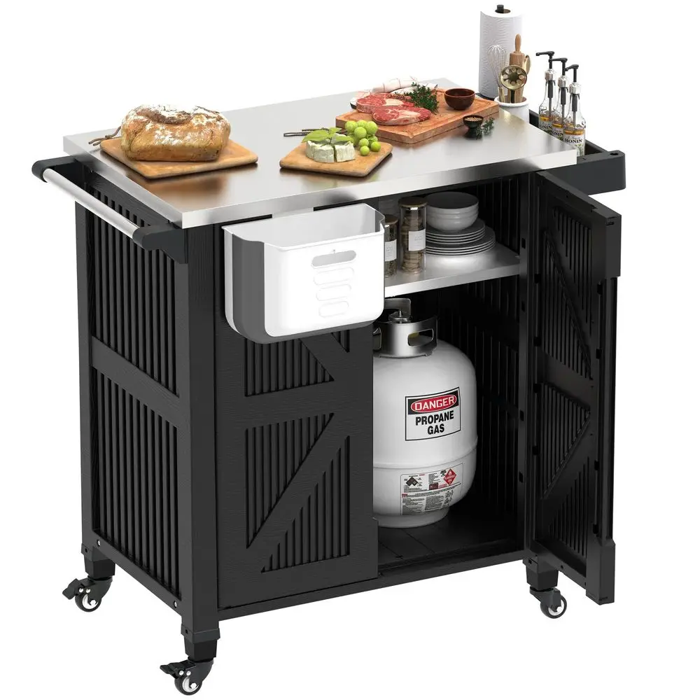 Kitchen Island with Storage Cabinet, Movable Grill Cart with Stainless Steel Countertop, 4 Swivel Wheels, PP Material Rolling B