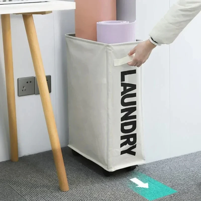 Beige Foldable Laundry Basket with Wheels, Large Waterproof Storage for Dirty Clothes Yoga Mat Home Organization - Image 5