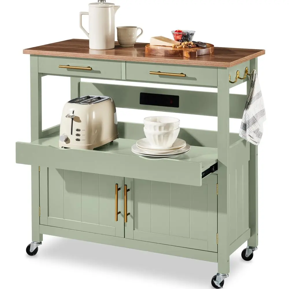 36in Large Rolling Kitchen Island Cart, 2Door Cabinet, 2 Drawers, PullOut Shelf, Power Outlet, Hooks, amp Swivel Lockable Wheel