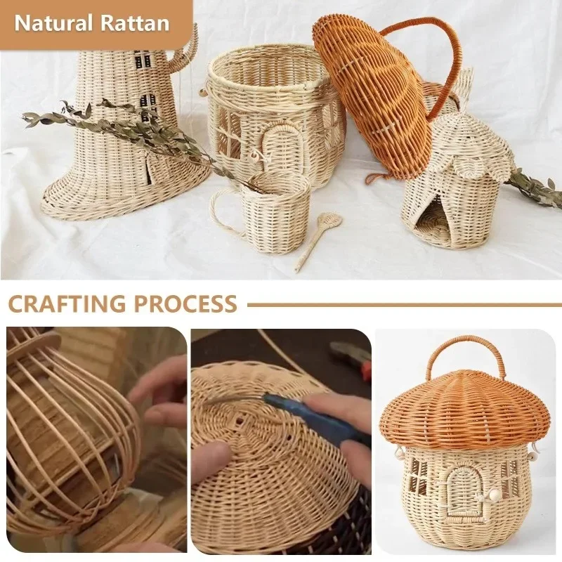 Rattan Mushroom Storage Basket Cute Cartoon Handwoven Nut Wicker Handbag Outdoor Picnic Women Tote Straw Bag Children Organizer - Image 12