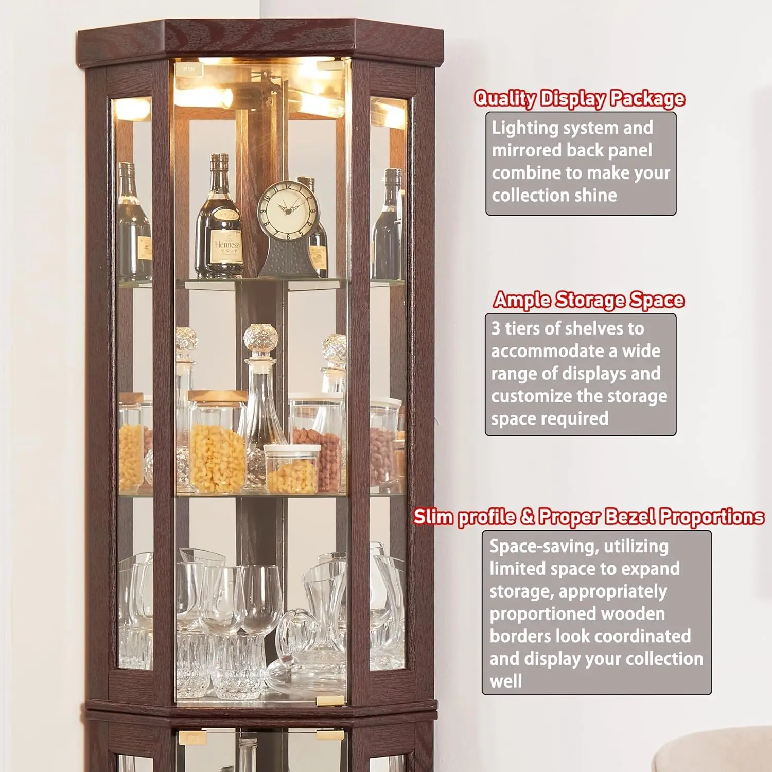 69" H Lighted Corner Curio Cabinet, 5-Tier Curio Glass Display Cabinet with Door & Adjustable Glass Shelves, Wooden, Customized - Image 5