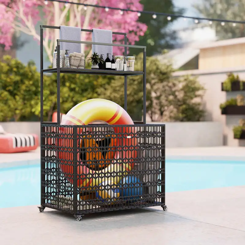 Wicker Pool Float Storage Organizer, PE Rattan Pool Float Holder with Basket Shelf Towel Bars, Rolling Pool Caddy for Floaties, Noodles, Life Vests, Beach Balls, Brown - Image 8