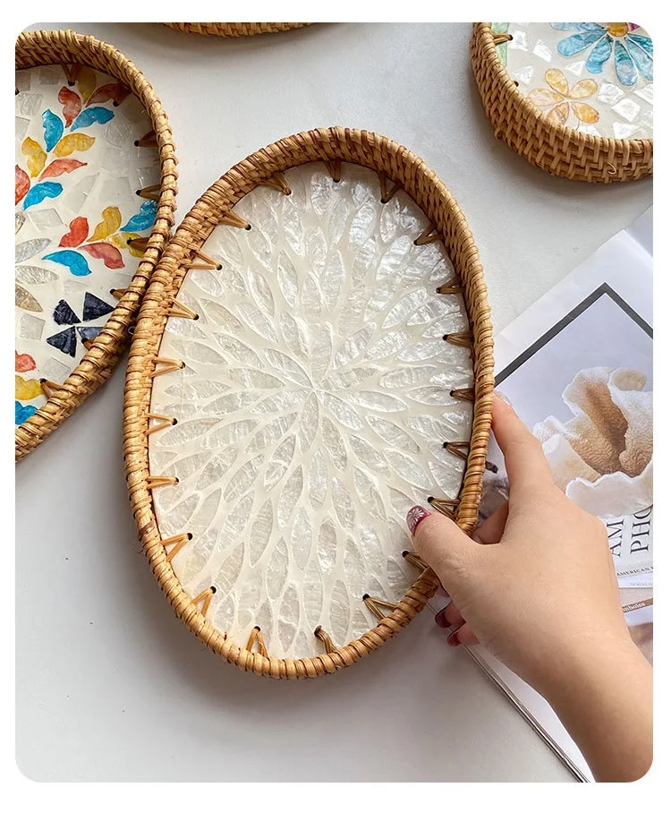 Handwoven Rattan Oval Tray with Shell Mosaic Inlay, Decorative Serving Tray for Coffee, Tea, Snacks, Bathroom Vanity Organizer - Image 29