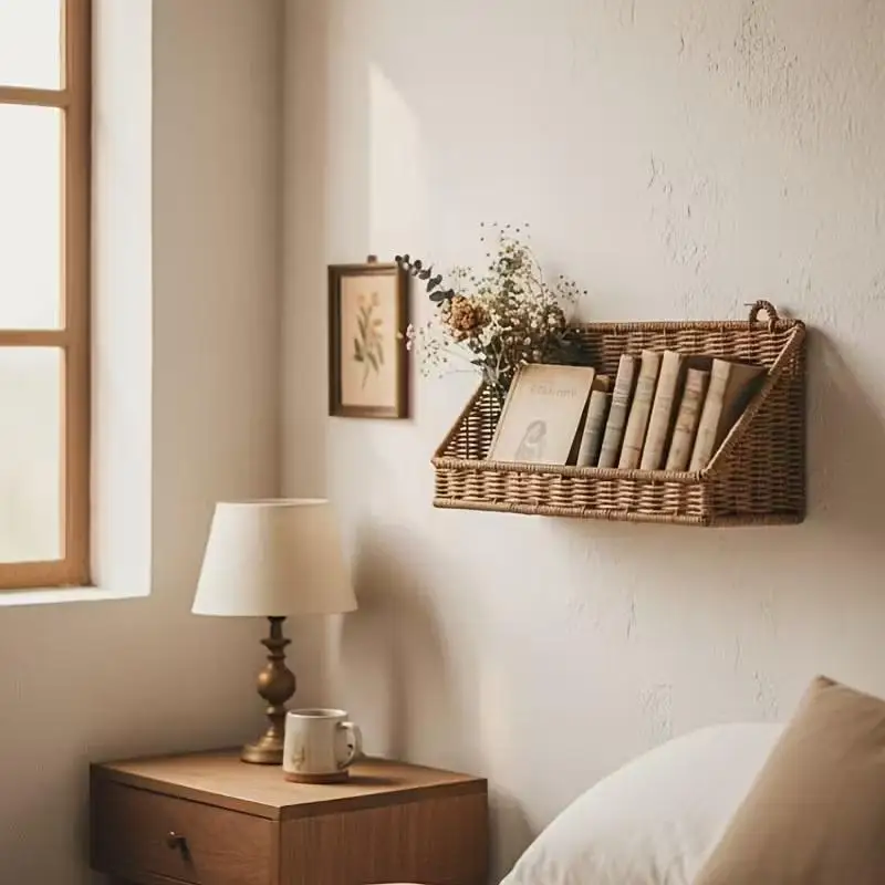 Woven Rattan Wall Storage Baskets | Adhesive Hook Hanging Shelves for Bathroom/Kitchen Organization - Image 4
