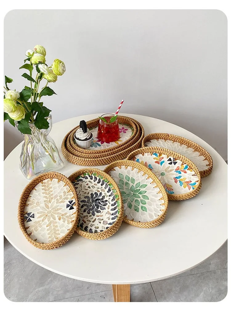 Handwoven Rattan Oval Tray with Shell Mosaic Inlay, Decorative Serving Tray for Coffee, Tea, Snacks, Bathroom Vanity Organizer - Image 26