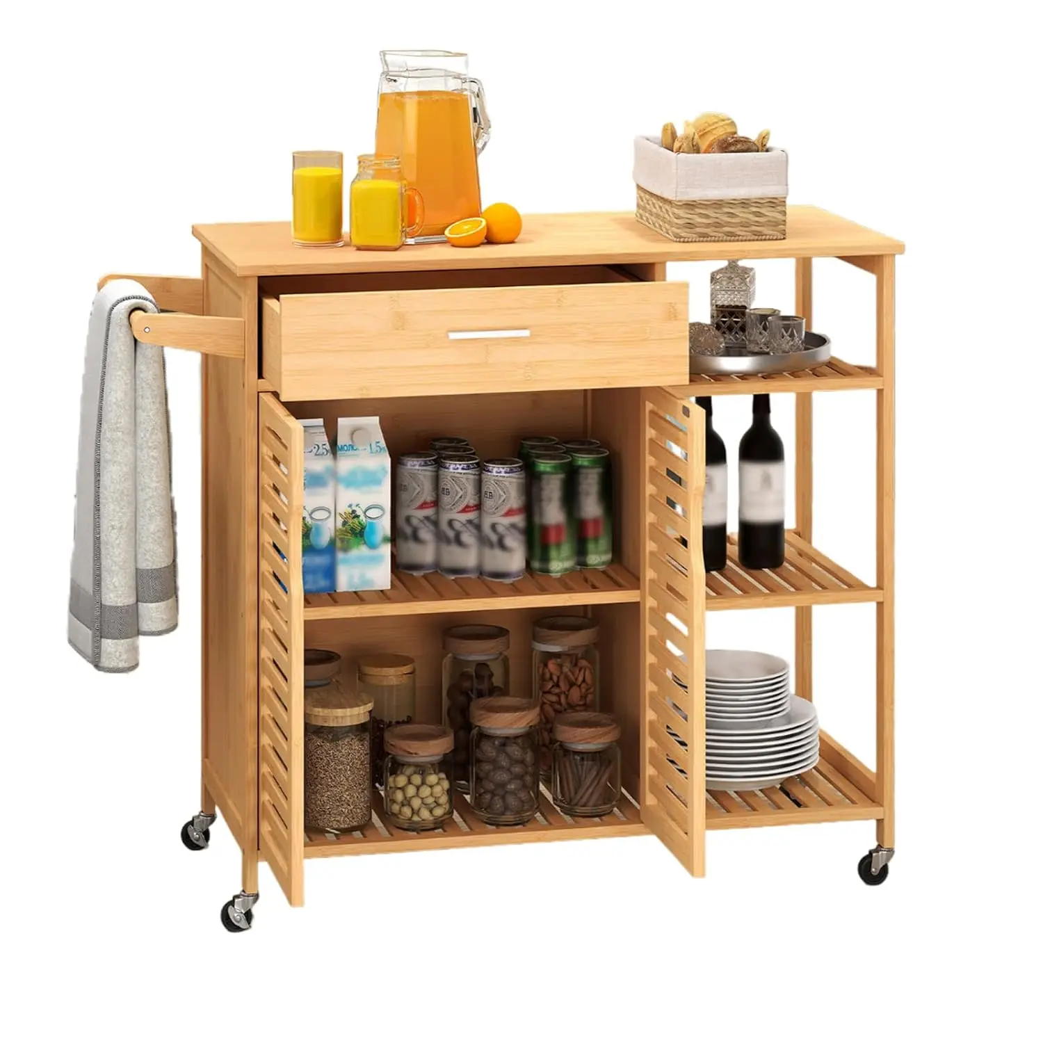 Bamboo Kitchen Island Cart Rolling Butcher Block Drawer Cabinet 3-Tier Shelves Towel Rack Wheels Storage Dining Room, Custom