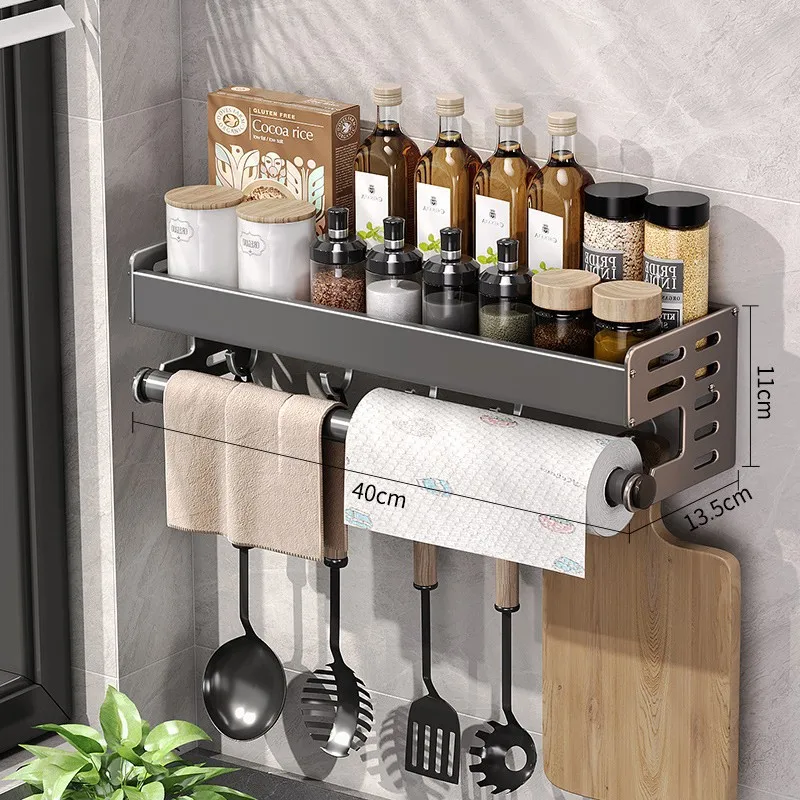 Wall Mount Utensil Holder Multifunctional Spice Organizer Shelf with Hooks Kitchen Hanging Storage Wall Shelf - Image 7