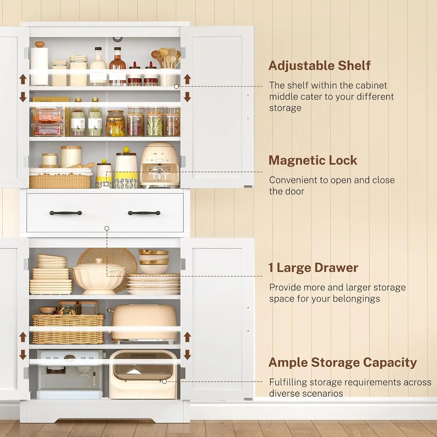 Tall Storage Cabinet with 2 Adjustable Shelves & Drawer 4-Door Pantry Bathroom Living Room Kitchen White Custom - Image 10