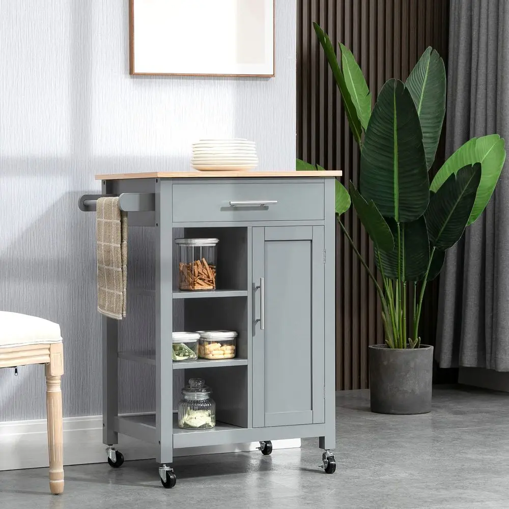 Kitchen Island Cart, Rolling Kitchen Island with Storage Shelf, Solid Wood Top, Drawer, for Dining Room, Gray - Image 2
