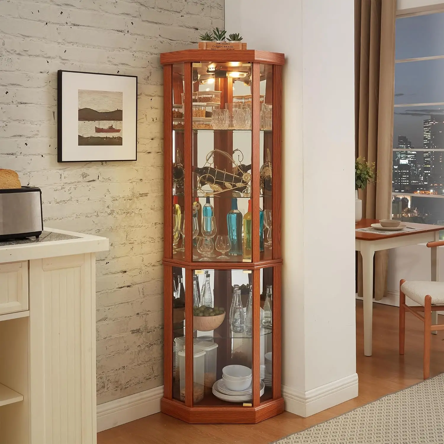 69" H Lighted Corner Curio Cabinet, 5-Tier Curio Glass Display Cabinet with Door & Adjustable Glass Shelves, Wooden, Customized - Image 15