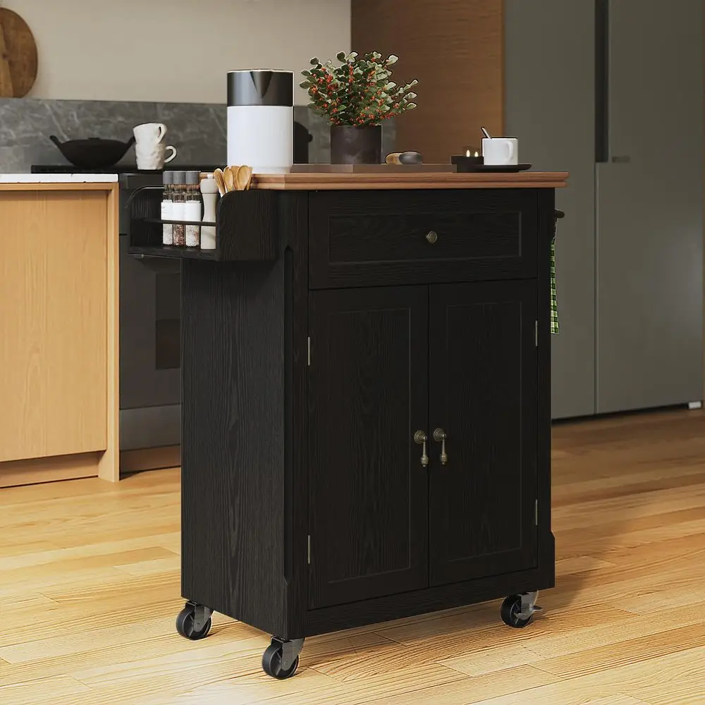 26 Small Kitchen Island, Vintage Wood Rolling Kitchen Island Cart with Storage Cabinet and Drawer, Kitchen Cart on Wheels with