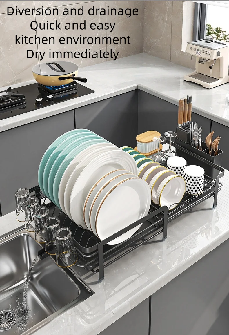 Expandable dish storage rack automatic draining rotatable drain rack adjustable counter organizer kitchen storage rack - Image 17