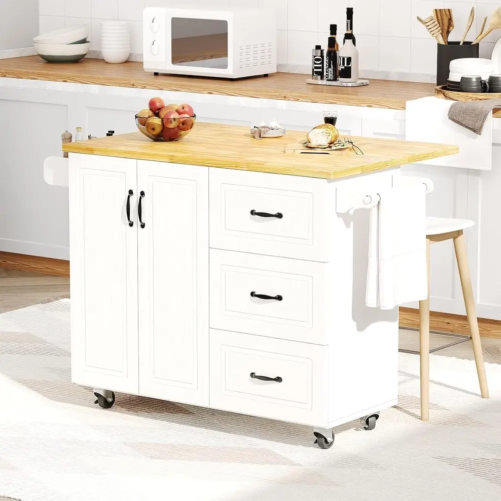 White Rolling Kitchen Island with Storage, Spice Rack, and Towel Bar - Image 7