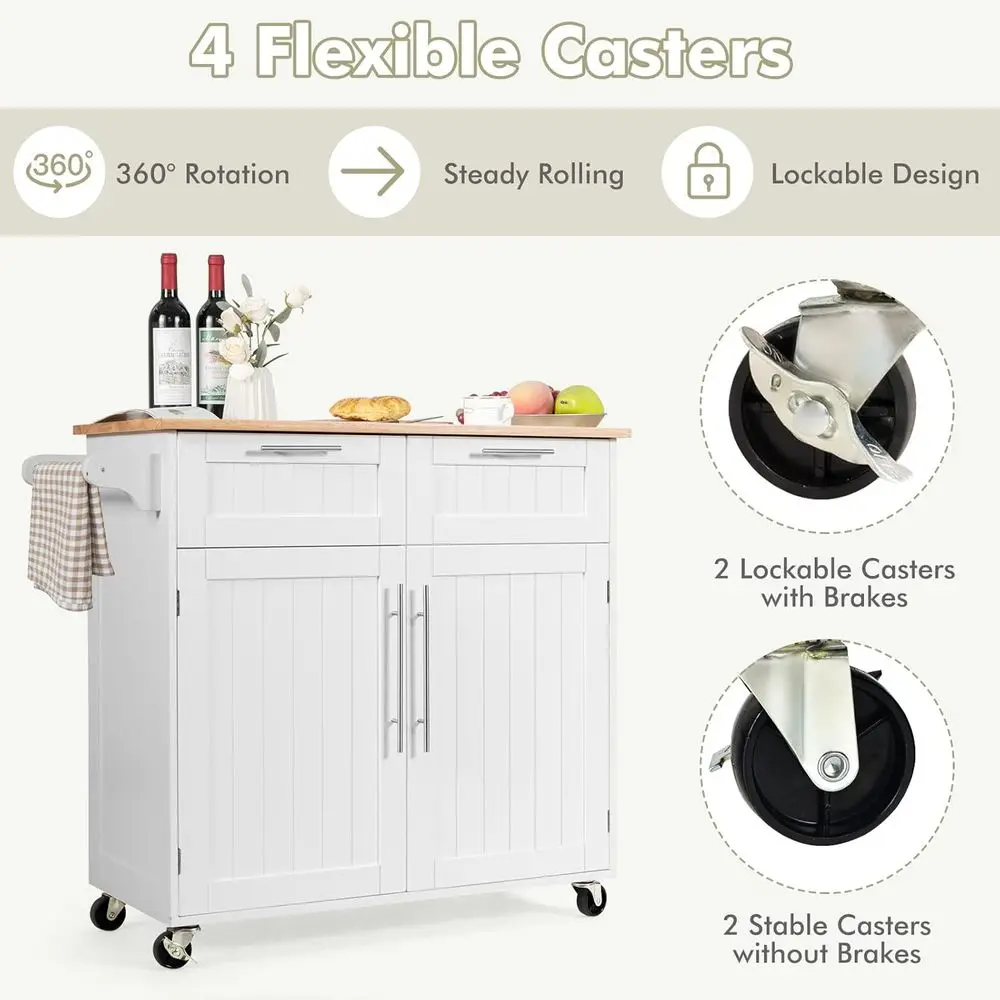 Rolling Kitchen Island with Towel Bar, Double Drawers, 2-Door Cabinet, White - Image 6