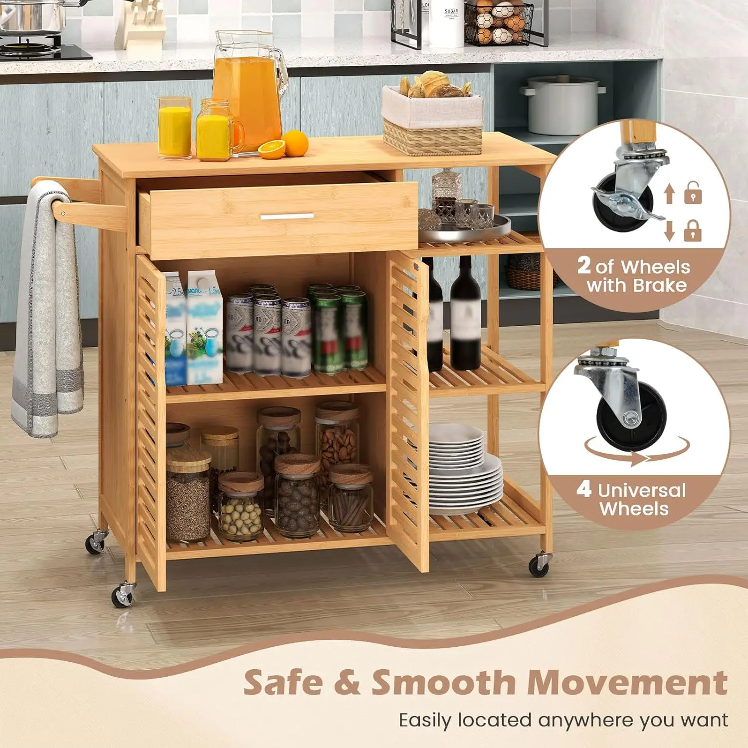 Bamboo Kitchen Island Cart Rolling Butcher Block Drawer Cabinet 3-Tier Shelves Towel Rack Wheels Storage Dining Room, Custom - Image 6