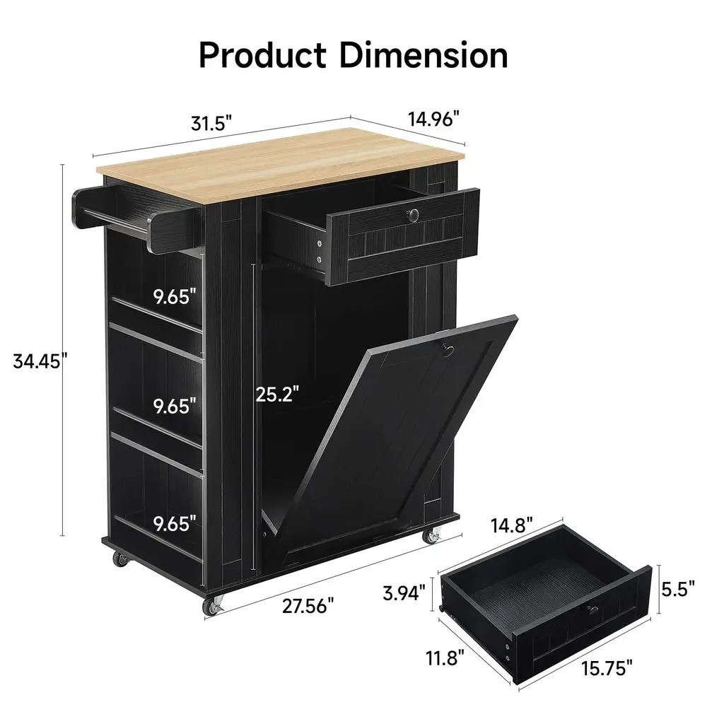 35 Kitchen Island with Trash Can Cabinet amp Power Outlet, Rolling Kitchen Cart with Storage Drawer, 6Tier Spice Rack, Portable - Image 8