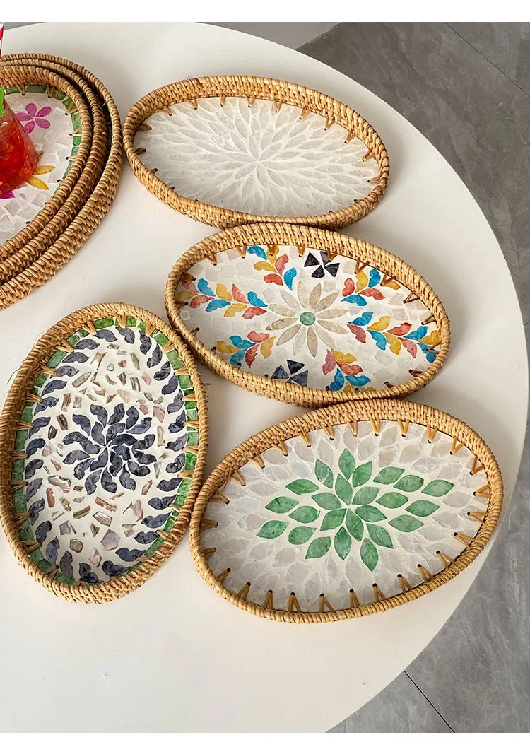 Handwoven Rattan Oval Tray with Shell Mosaic Inlay, Decorative Serving Tray for Coffee, Tea, Snacks, Bathroom Vanity Organizer - Image 21