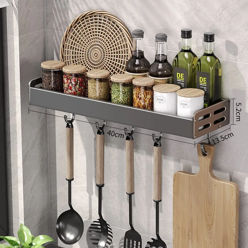 Wall Mount Utensil Holder Multifunctional Spice Organizer Shelf with Hooks Kitchen Hanging Storage Wall Shelf - Image 10