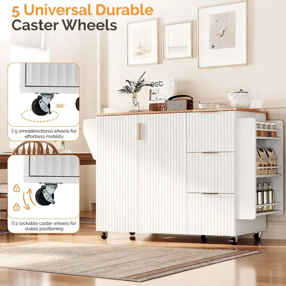 White Rolling Kitchen Island with Storage, 2 Drawers & 4 Doors, Adjustable Shelves - Image 4