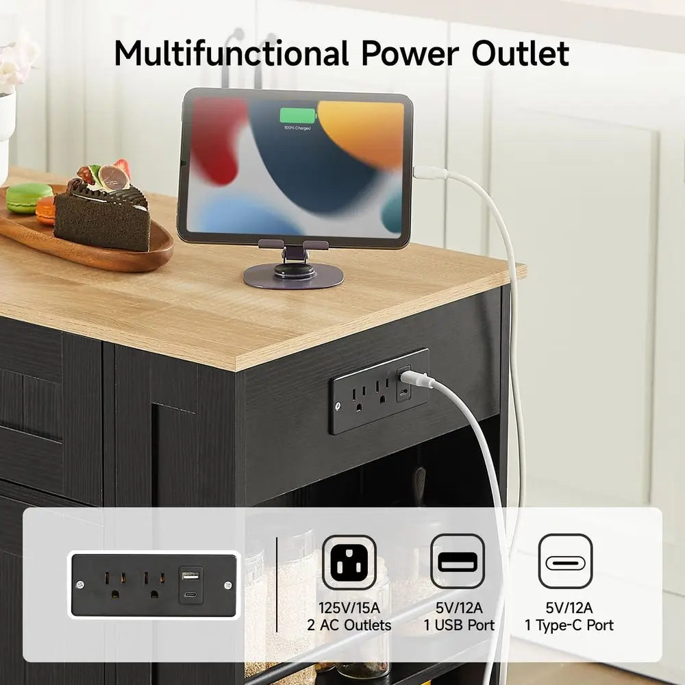 35 Kitchen Island with Trash Can Cabinet amp Power Outlet, Rolling Kitchen Cart with Storage Drawer, 6Tier Spice Rack, Portable - Image 10