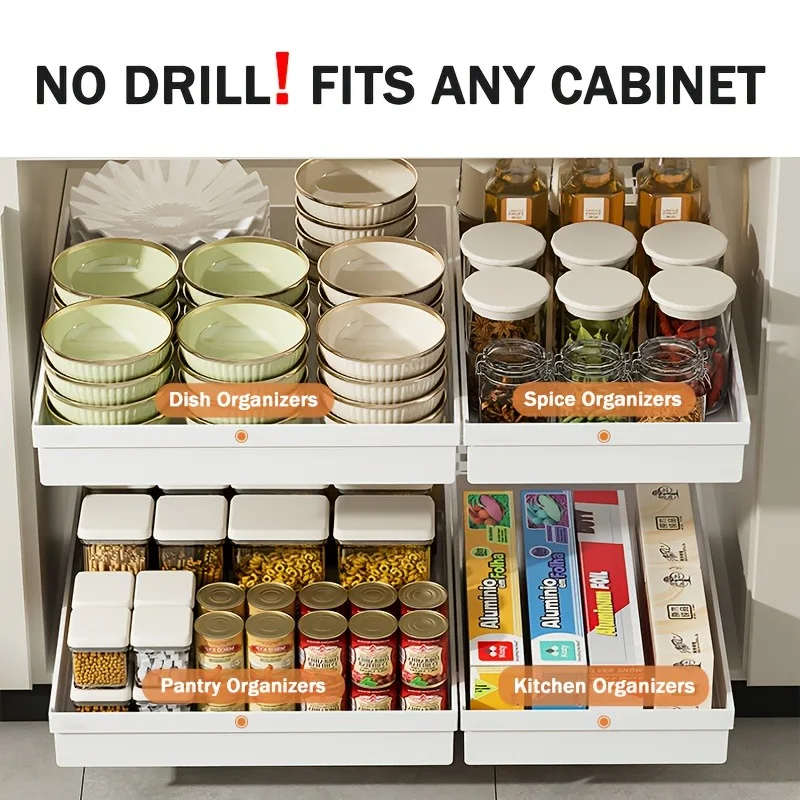 No-Drill Magic Tray Heavy-duty slide-out organizer for cabinets/sinks. Easy install, huge space saver! Perfect for tiny homes