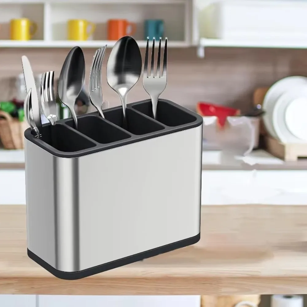 Large Capacity Kitchen Utensil Holder Stainless Steel with Removable Divider Kitchen Cutlery Organizer Sturdy Drip Tray Base - Image 3