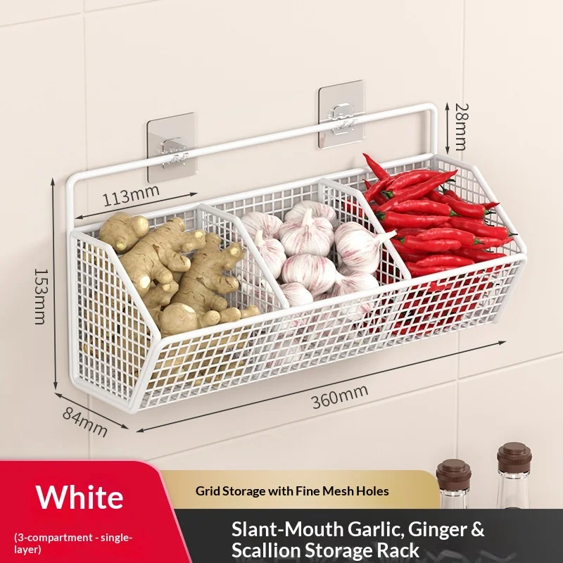 Storage Basket Free Punching Ginger Garlic Hanging Basket Kitchen Shelf Wall-mounted Condiment Frame Household Utensils - Image 10
