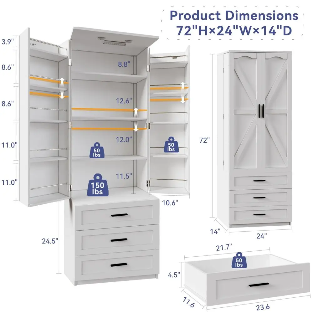 72 LED Kitchen Pantry Cabinet with 3 Drawers Farmhouse Tall Storage Cabinet Wood Food Pantry with Barn Doors and Adjustable -HOT