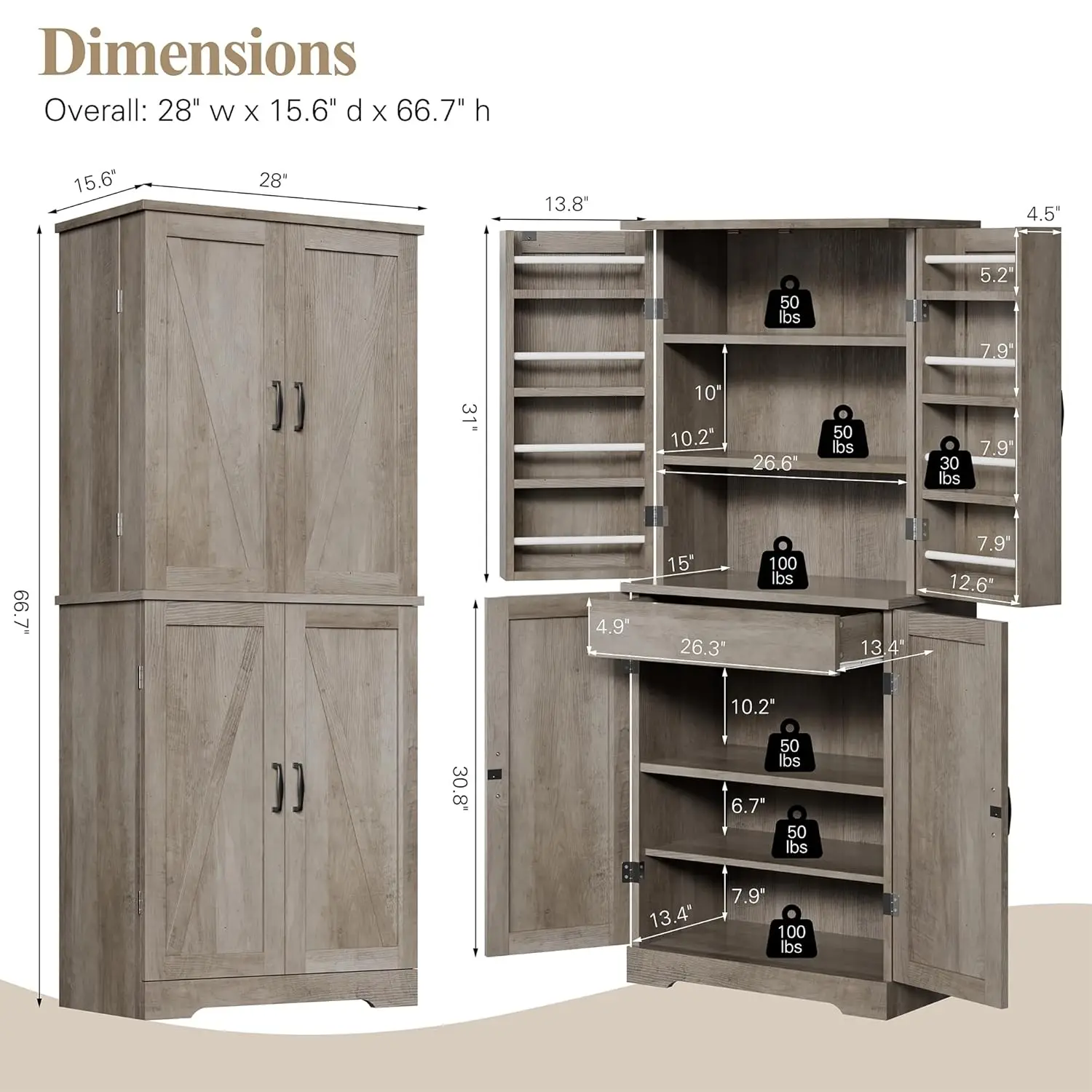 Rustic Pantry Cabinet Barn Door Drawer Adjustable Shelves 6-Tier Wood Cupboard Kitchen Dining Bath, Custom - Image 9