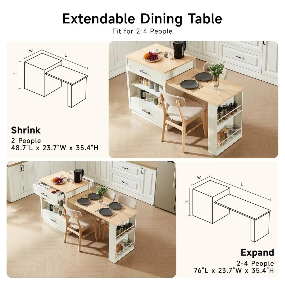 76 Kitchen Islands with Extendable Dining Table, 24 Island Table with DoubleSide Storage, Mobile Storage Islands Cart with Powe - Image 3