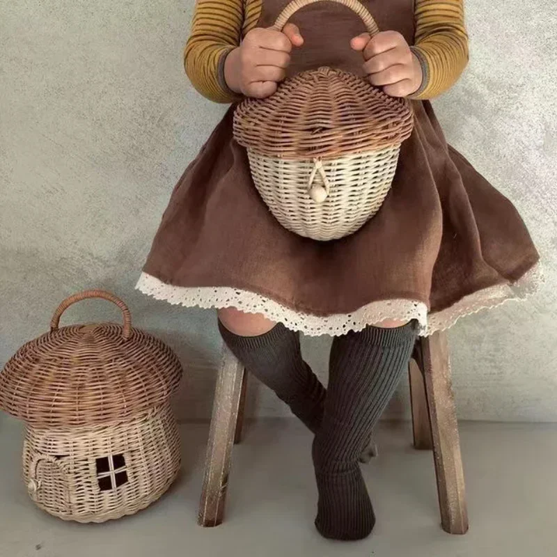 Rattan Woven Mushroom Basket Summer Portable Children Woven Bags Outdoor Vacation Picnic Baskets Kids Toy Sundries Organizer - Image 4