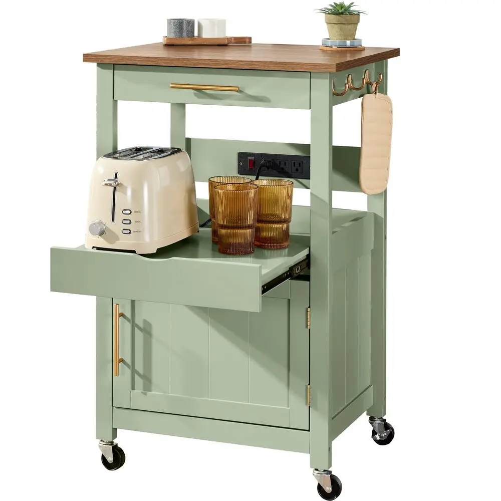 Rolling Kitchen Island Cart, Single Door Cabinet W Drawer, Sliding Tray, Outlet, Swivel Lockable Wheels, Hooks, Coffee Cart, Mi - Image 7