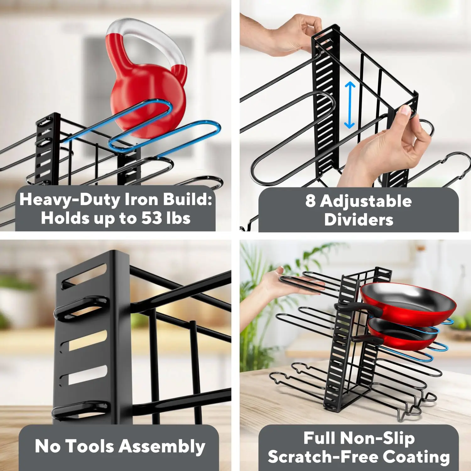 Pot Rack Organizer, 8 Tier Pots and Pans Organizer for Kitchen Organization & Storage, Adjustable Pot Lid Holders & Pan Rack - Image 6