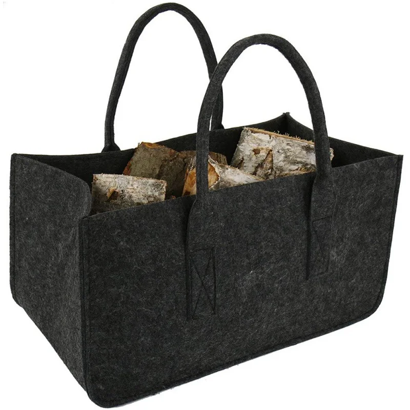 Fireplace Wood Felt Storage Bag Basket Magazine Rack Firewood Pocket,Felt Foldable Firewood Holder Basket Gray - Image 3