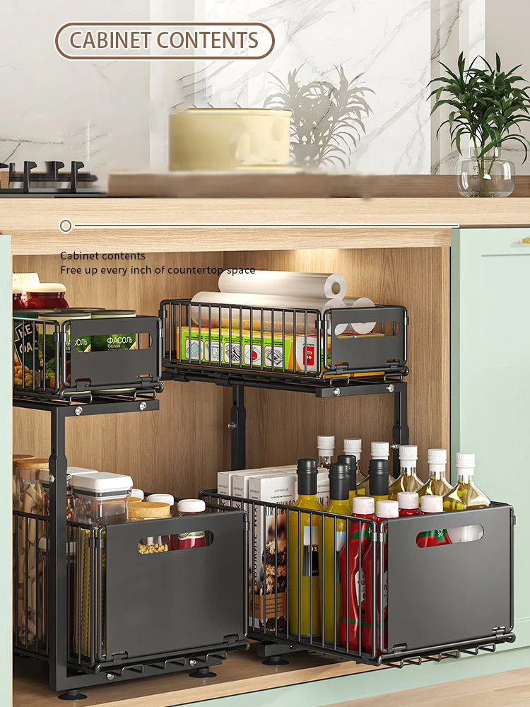 Pull-Out Under Sink Organizer, 2-Tier Adjustable Height Sliding Shelf for Kitchen/Bathroom Cabinet Storage, Black & White - Image 9