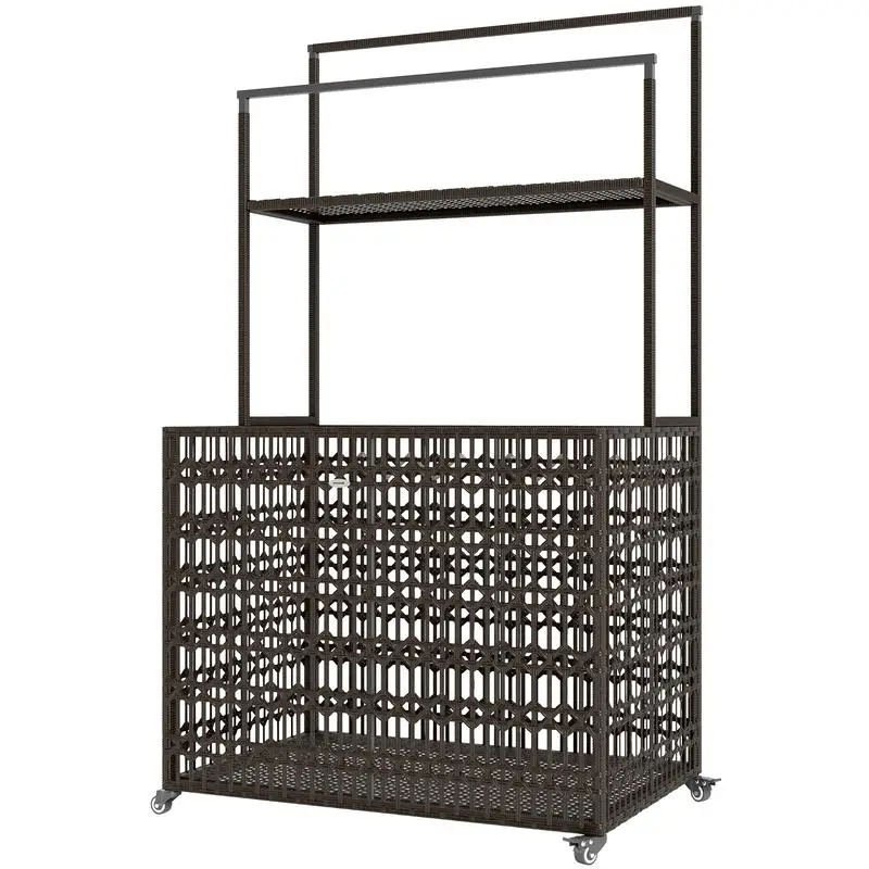 Wicker Pool Float Storage Organizer, PE Rattan Pool Float Holder with Basket Shelf Towel Bars, Rolling Pool Caddy for Floaties, Noodles, Life Vests, Beach Balls, Brown - Image 9