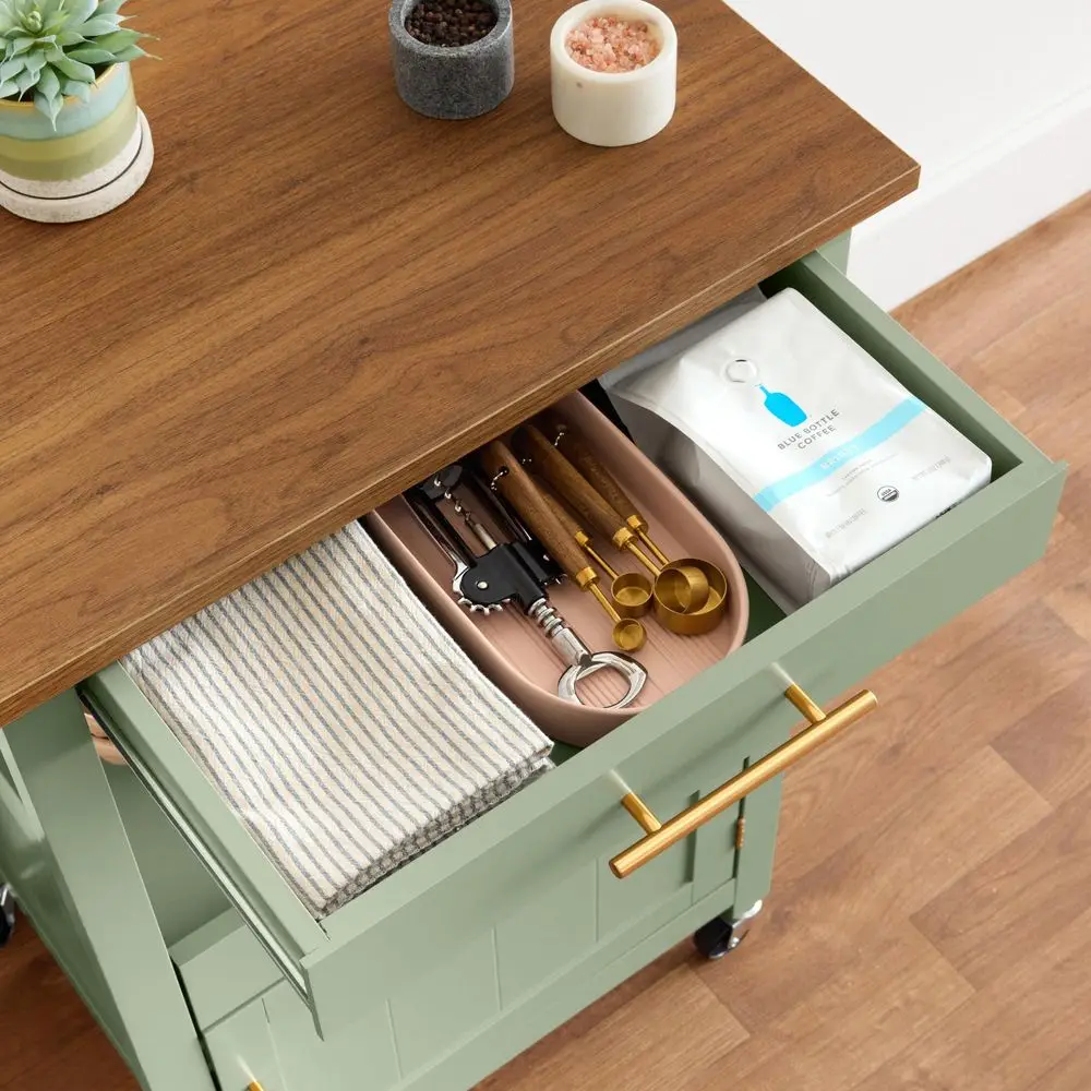 Rolling Kitchen Island Cart, Single Door Cabinet W Drawer, Sliding Tray, Outlet, Swivel Lockable Wheels, Hooks, Coffee Cart, Mi - Image 11